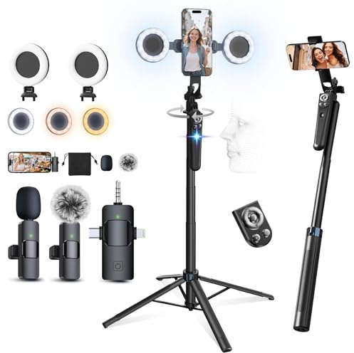360° Mini Mikrofon für Handy Stativ 180 cm Selfie Stick iPhone, Stativ für Smartphone mit Licht, Handy Stativ mit Verfolgung, ASMR Content Creator Equipment Vlogging Kit
