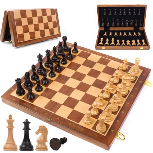 OTRC Premium Schachspiel Holz - 39 * 39cm klappbares Schachbrett mit gewichteten handgefertigten Schachfiguren, 2 EXTRA-Damen,Geschenk für Erwachsene & Kinder,Chess Board 34 Schachfiguren Reiseschach
