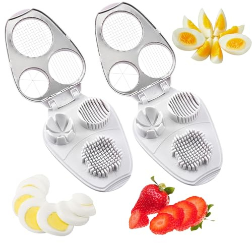 XineYuor 2 Sets 3 in 1 Edelstahl Eierschneider,Edelstahl,für hart gekochte Eier, Erdbeere Traubenschneider, eierschneider spülmaschinenfest, Inklusive 2 Reinigungsbürsten