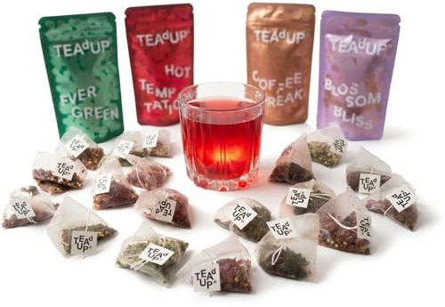 TEAdUP® Gin Botanicals Geschenkset – 20 BoozyBags für Gin & Tonic & Vodka – 4 Sorten (Gurke Minze, Himbeere Chili, Lavendel Rose, Kaffee Kakao)