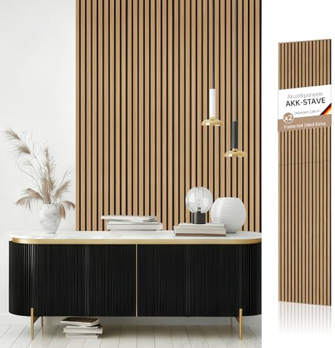 AKK-STAVE Akustikpaneele Holz 240x60 cm (2er-Set 2,88 m²) - Akustik Paneele & Holzpaneele Wand | Holzfurnier 3D Paneele Wand als Wandverkleidung Innen für Wohnzimmer(Olied Eiche)