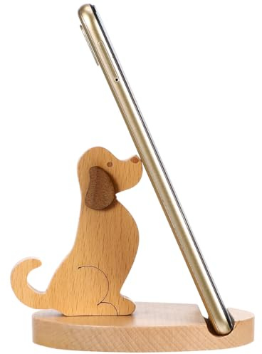 Toyvian Wooden Dog Phone Stand Creative Mobile Phone Holder for Desk Cartoon Puppy Cellphone Bracket with Non-Slip Base for Home Office Car Hands-Free Viewing