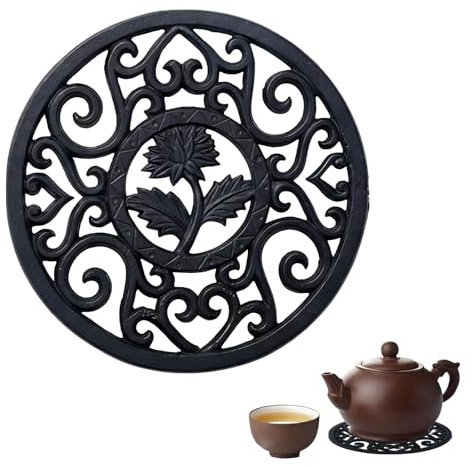 13.2CM Round Cast Iron Trivet with Vintage Cast Iron, Resistant Non Slip Round Stand for Teapots Hot Pans with Peg Feet to Protect Kitchen Tabletops and Dining Tables