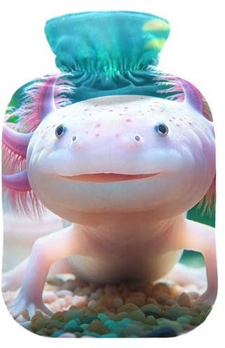 Hot Water Bottles with Soft Cover Bed Hand Feet Warmer Axolotl Cute Animal Hot Water Bag for Neck and Shoulder Pain Relief Small