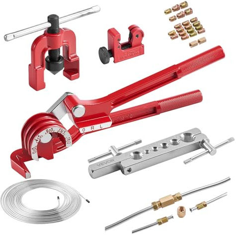 VEVOR Kit Outils d'Évasement de Tuyaux de Freins 45° Dudgeonnière Climatisation Dudgeonnage Simple avec Conduite de Frein Cuivrée 7,6 m x 4,76 mm, 20 Raccords 2 Unions, Cintreuse de Tube, Coupe-tube