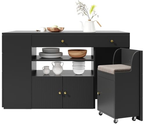 kozamas Isla de cocina negra con taburetes – Mueble extensible 140 x 40 (70) x 89 cm, aparador con 6 cajones, encimera y almacenamiento con ruedas
