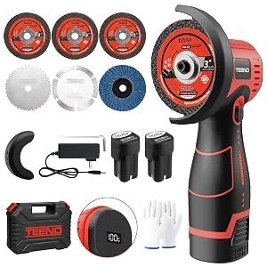 TEENO Smerigliatrice Angolare Senza Fili 76mm Brushless 19.500 giri/min | 800W, Display LED, 2 Batterie 2000mAh, 6 Dischi & Valigetta. Taglio, Levigatura, Lucidatura – Metallo, Legno, Piastrelle.