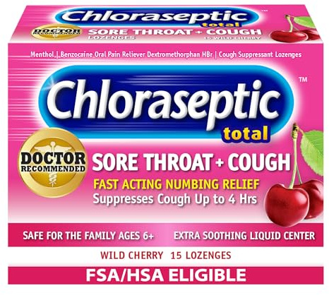Chloraseptic Total Sore Throat & Cough Lozenges, Wild Cherry, Cough Drops with Liquid Center to Numb Sore Throat for Up to 4 Hours, 15 Count, Pack of 6