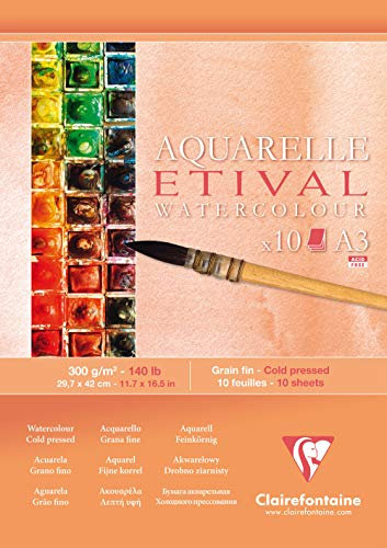 Clairefontaine 96306C Etival Matt Aquarellpapier Block (kopfseitig geleimt, 10 Blatt, DIN A3, 29,7 x 42 cm, feinkörnig, 100% Zellulose, 300 g) weiß