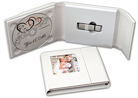 Elegantdisk Leder DVD/USB-Case cm mit Bildfenster. USB Tasche mit DVD Slot. Album für USB, DVD und Foto (Weiß, USB+1CD)