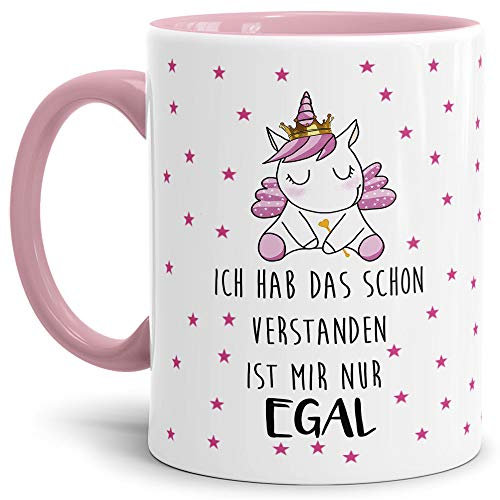 Tassendruck Einhorn-Tasse mit Spruch Ich hab das schon verstanden - Glitzer/Rosa/Geschenk-Idee/Stern/Regenbogen/Innen & Henkel Rosa