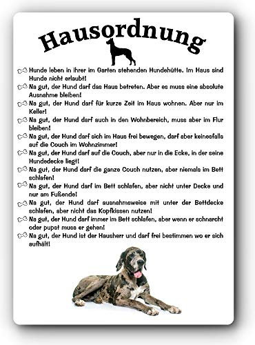 Blechschild/Warnschild/Türschild - Aluminium - 15x20cm - Lustige Hausordnung für Mensch und Hund: Deutsche Dogge/Dänische Dogge