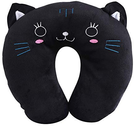 Fydun U-Shaped Neck Pillow Nacken und Kinn Stützendes Tier Nackenstütze & Reisekissen aus PP Baumwolle Weiches U-Förmigen Auto Kopfstützen Spielzeug Kissen(Schwarze Katze)