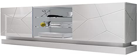 Meuble TV bas Qiu, Meuble Tele, Meuble Salon, armoire TV, ouverture sans poignée, système de fermeture amortie, banc TV (modèle : 200, blanc/blanc brillant, sans éclairage)