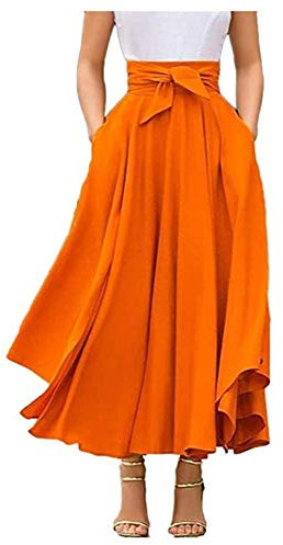 Geagodelia Damen Faltenrock Elegant Vintage Retro Swing Maxi Langer A-line Pleated Rockabilly Rock für Damen Sommer(Orange, XL)