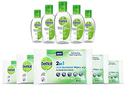 Dettol - Hand Sanitiser Gel -50ml x 5 & Dettol - 2in1 Anti-Bacterial Wipes - 15 Wipes x 5