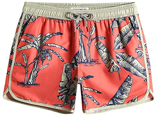 MaaMgic Herren Badeshorts Vintage Retro Boardshorts Schnelltrocknend Kurz Badehose Schwimmhose mit Mesh-Futter und Verstellbarem Tunnelzug, Orange Bananenbaum, S
