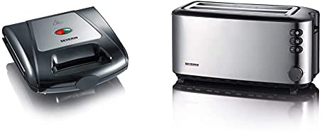 SEVERIN Sandwich-Toaster, 3-in-1 Funktion (Sandwich-, Grill-, Waffelplatte), 1.000 W, SA 2968, EDS-geb./ schwarz & AT 2509 Automatik-Toaster (1.400 W, 2 Langschlitzkammern) Edelstahl/schwarz