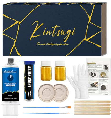 Kintsugi Repair Kit (Upgrade), Repair Your Meaningful Ceramics with Gold Powder & 50ml Glue & 57g Epoxy Putty, Kintsugi Craft, Starter Repair Ceramic Kintsugi Kit Perfect for Beginners