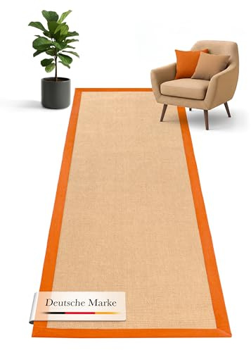 carpetfine Sisalteppich Läufer Naturfarbe 60x180 cm handgewebt mit Bordüre aus Baumwolle in Orange | Rutschfester Flachgewebe Teppichläufer Uni aus Naturfasern für Wohnzimmer, Schlafzimmer