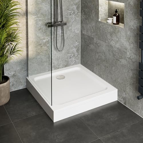 Hydrolux® 700 x 700 x 140mm White Bathroom Shower Tray for Enclosures Cubicles & Wet Room with Waste + Riser Kit, Square