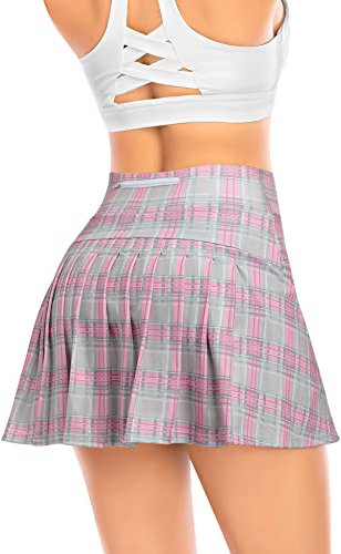 Damen Plissierter Tennisrock mit Hose Faltenrock Kurz Hosenrock Tennis Golf Sport Workout Running Rock Sommerrock Minirock (Pink Plaid, M)