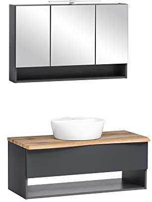 Lomadox Waschplatz Set inkl. Waschbecken und LED Spiegelschrank in Graphit mit Abdeckplatte in Wotan Eiche Nb. und Front in anthrazit matt, B/H/T: ca. 101/200/52 cm