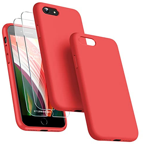 Dssairo [3-in-1 für iPhone SE Hülle 2022/3rd/2020/2nd gen, iPhone 7/8 Hülle, mit 2 Displayschutzfolien, Flüssigsilikon, ultradünn, stoßfest, Schutzhülle [Mikrofaser-Futter] (Rot)