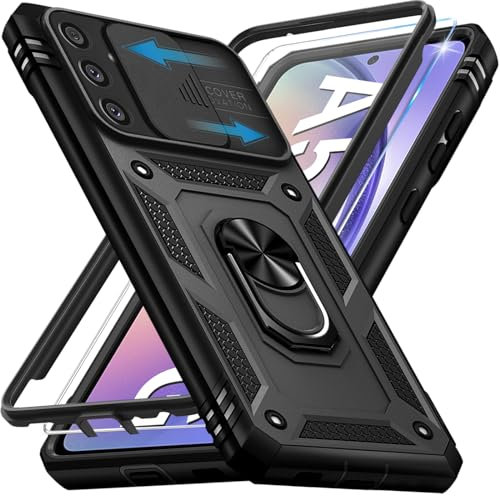 Giyer für Samsung Galaxy A54 5G Hülle mit Schutzfolie, Handyhülle Galaxy A54 5G mit Kameraschutz Kartenschlitz 360° Metall Ring Ständer Stoßfest Bumper Schutzhülle Samsung A54 6.4 Case (Schwarz)