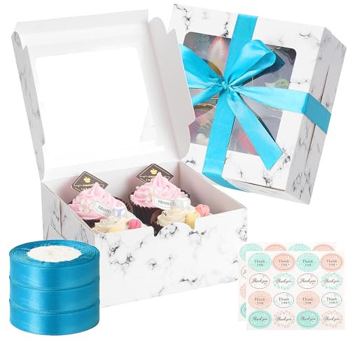TsunNee 30PCS Cupcake Boxes 4 Hole with Window, Reusable Cardboard Cake Boxes for Cupcakes Muffins Treats, Disposable Paper Bakery Boxes Gift Boxes for Home Baker Wedding Birthday Christmas