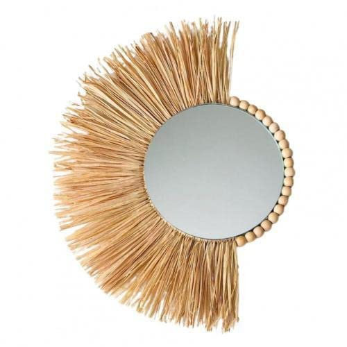 QIUMING Miroir Suspendu Raphia marocain Bois Perles Acrylique Multifonctionnel décorations décoratives Chambre Miroir Mural décoratif