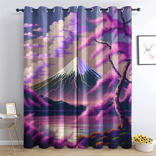 Generisch Fuji-Berg Vorhänge Verdunklung svorhänge mit Muster Japanischer Stil, Vorhang Blickdicht mit Ösen Gardinen Wohnzimmer Schlafzimmer Kinderzimmer Dekoration 2er Set-137 x 117 (H X B) G-1&123
