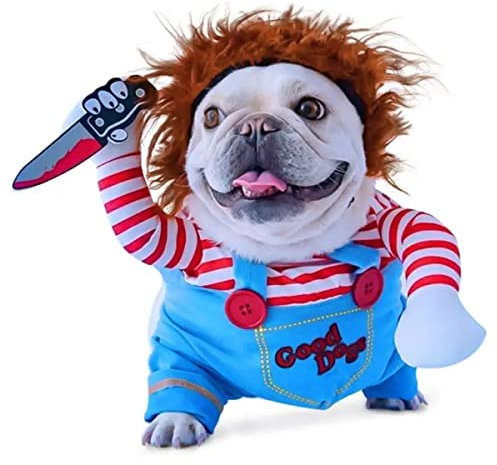 Chucky Hundekostüme für Hunde Wig and Knife,Lustige Chucky Hundekleidung Puppe Halloween Cosplay Kostüm (M)
