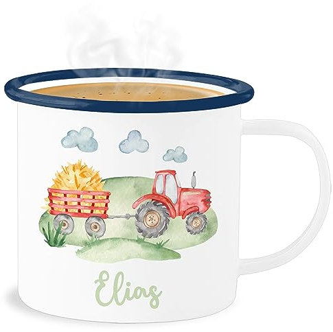 Emaille Becher Blechbecher - Traktor Trecker Bauer Schlepper Landwirtschaft Bulldog - 300 ml - Weiß Blau - tasse bauernhof personalisierte kinder geschenke traktoren und name tassen geschirr motiv