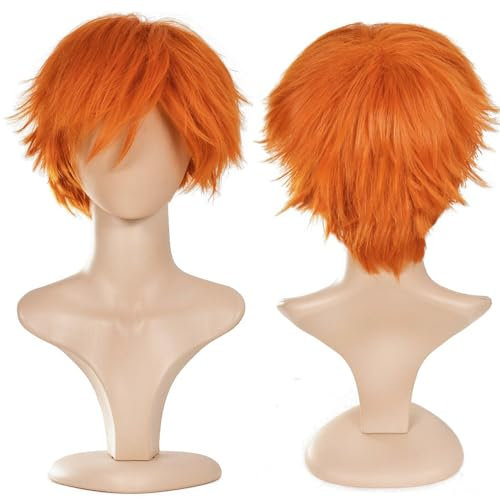 YEESHEDO Kurzhaarperücke, Bob, Anime, Cosplay-Perücke, volle natürliche Schicht, glatt, flauschiges Haar, Kostüm, Party, Kostüm, Perücke für Damen, Herren, Jungen, Mädchen (Orange)