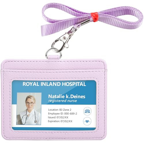 Teskyer Porta Badge, Porta Badge da Collo, 2 Slot per Carte, in Pelle Martellata, con Cordino in Nylon, Orizzontale, per Pass, Autobus, Chiaro Viola