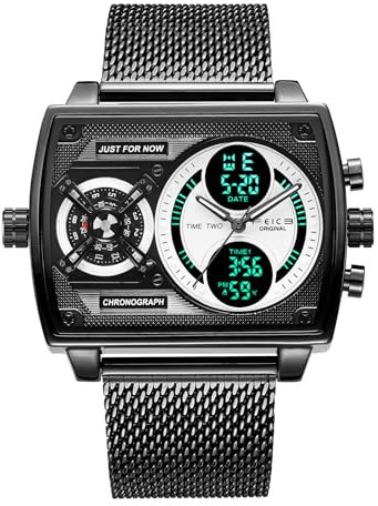 FEICE Multifunktionale Herrenuhr Quadratisch Großes Zifferblatt Analog Digital Quarzuhr Modisch Edelstahl 47 mm FK814 Schwarz
