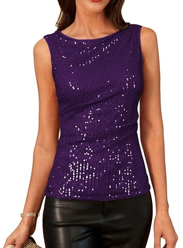 GRACE KARIN Top con Paillettes Scintillanti da Donna Girocollo Senza Maniche Evening Top per Uscire Party Viola XXL
