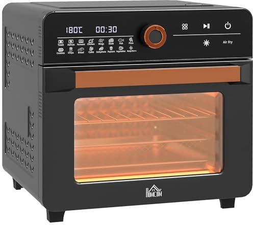 HOMCOM Mini forno a convezione 20L 3 in 1 Mini forno con griglia, teglia e vassoio per le briciole, friggitrice ad aria calda 40 °C-220 °C con cestello per frittura, timer, luce interna, 1400W,