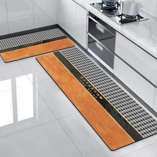 Hixingo Küche Teppich Abwaschbar, rutschfest Kieselgur Küchenläufer Schnelltrocknend Küchenteppich Absorbierend Teppich Läufer Küchenmatte Schmutzfangmatte (60x120cm,Orange Schwarz)