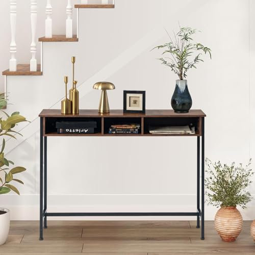 FURNITABLE Table Console, Table d’Entrée, avec 3 Compartiments de Rangement Ouverts, 25 x 110 x 81cm, pour Salon, Couloir, Marron et Noir d'encre