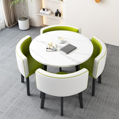 Moderno juego de mesa de comedor redonda con sillas, juego de muebles de comedor de cocina simple para espacios pequeños, mesa de conferencias redonda verde y juego de sillas para uso doméstico u