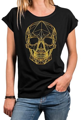 MAKAYA Rockige Damen Oberteile Totenkopf Shirt für Frauen Skull Motiv Kurzarm Top