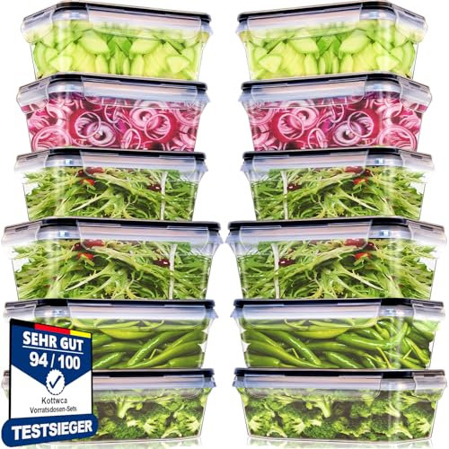 Kottwca Juego de recipientes herméticos con tapa, 12 unidades de gran capacidad (6 x 1000 ml + 6 x 1500 ml), 100 % a prueba de fugas, sin BPA, juego de fiambreras para microondas y frigorífico