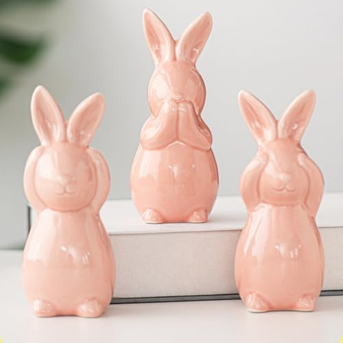 Osterhase Figuren aus Keramik, 3 Stück Hase Deko Porzellan Statue, Osterdeko Kaninchen Figur, Frühlingsdeko Innen Hasenfigur, Ostern Tischdeko Hase für Wohnzimmer Büro Schlafzimmer Deko (Rosa)