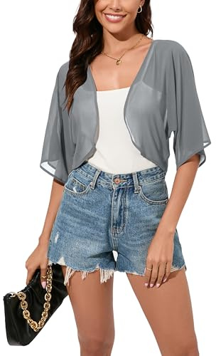 Dosieyeo Damen Bolero Festlich Chiffon Jäckchen 3/4 Arm Bolerojacke Leicht Luftig Sommer Cardigan für Abendkleider Grau,XL