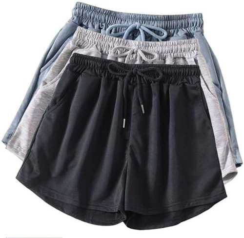 3er-Pack Laufshorts für Damen mit Taschen, leger, hohe Taille, Fitness-Shorts, einfarbig, weites Bein, athletische Hose, fließende Damen-Leggings, Sommer, Lounge, Sweatkleidung zum Joggen, 1 Schwarz