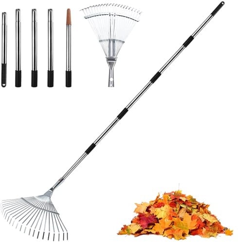 Rodison Laubrechen Verstellbar, Rechen Garten mit 22-Zinken & 5-Teiligem Abnehmbarem Edelstahlstiel, Laubbesen für Garten, Rasen und Hof (93-171 cm) -Rostfrei, Leicht Zerlegbar und Platzsparend