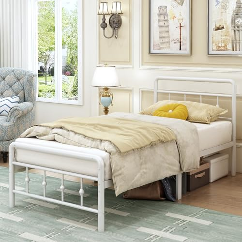 EMODA Single Bed Frame with Victorian Headboard, 90 x 190 cm, White | Metal Slat Support, Vintage Style, Matching Footboard, 40cm Underbed Clearance, Easy Assembly, Noise Free
