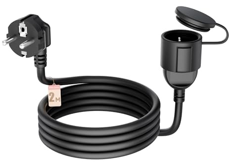 Verlängerungskabel 2m schwarz IP44 – Schuko Steckdose mit wasserdichtem Klappdeckel, PVC-Außenkabel für Garten, Werkstatt, Balkon